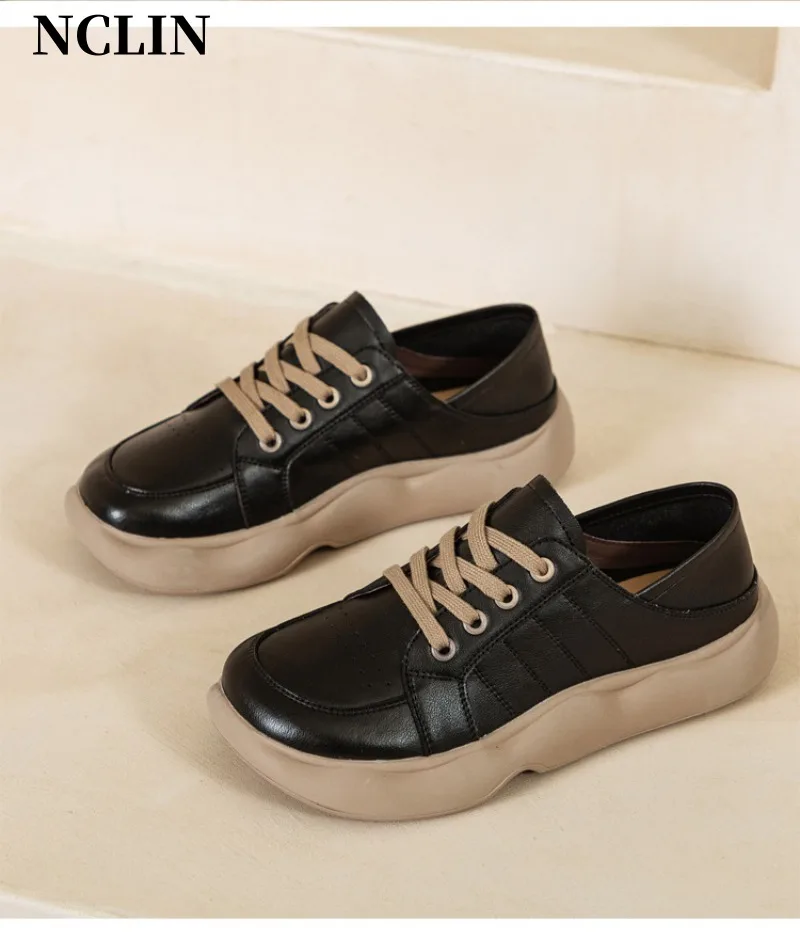 

Spring Genuine Leather Women's Shoes Thick-soled Round Toe Casual Shoes Women's Vulcanize shoes Women's Sneakers Zapatos Mujer