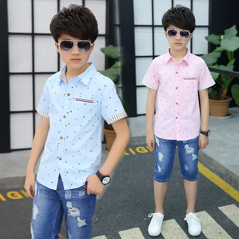 Age 4-13 Years Summer Toddler Teenage Dot School Boy Clothing Kids Boys Shirts Children Short Sleeve Clothes Tops boys short sleeve shirts