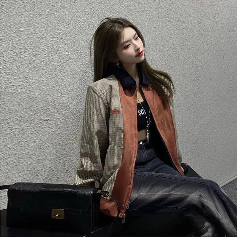 Korean Women'S Suit JacketAutumn French Color Blocking Jacket Essential Retro Casual Fashion Jacket Coat