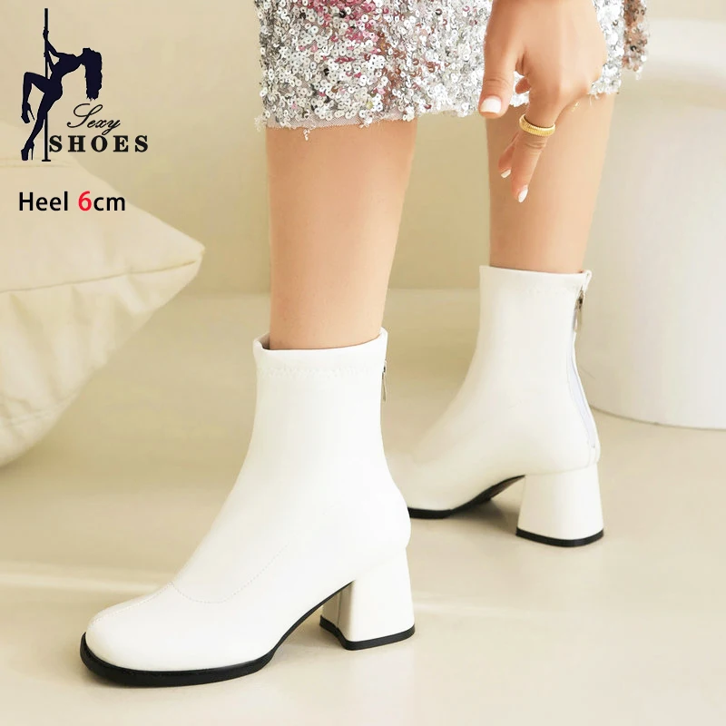 Thick High Heel Ankle Boots Spring Autumn Ladies Shoes 2024 Elegant Women Winter Keep Warm Short Booties Large Size 43 44 45 46