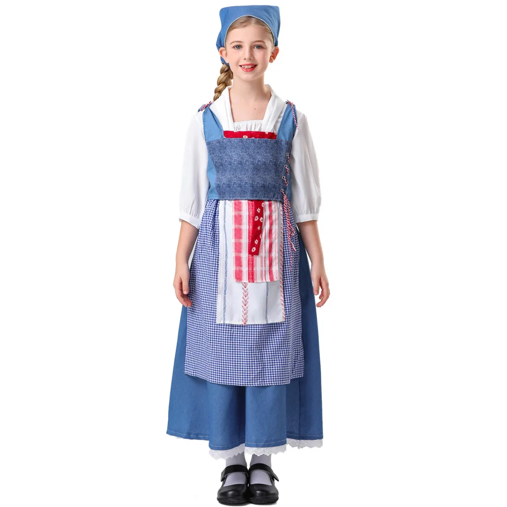 

French Manor Pastoral Maid Long Skirt Cosplay Costume Halloween Kids Drama Stage Performance Costume Medieval Pastoral Style
