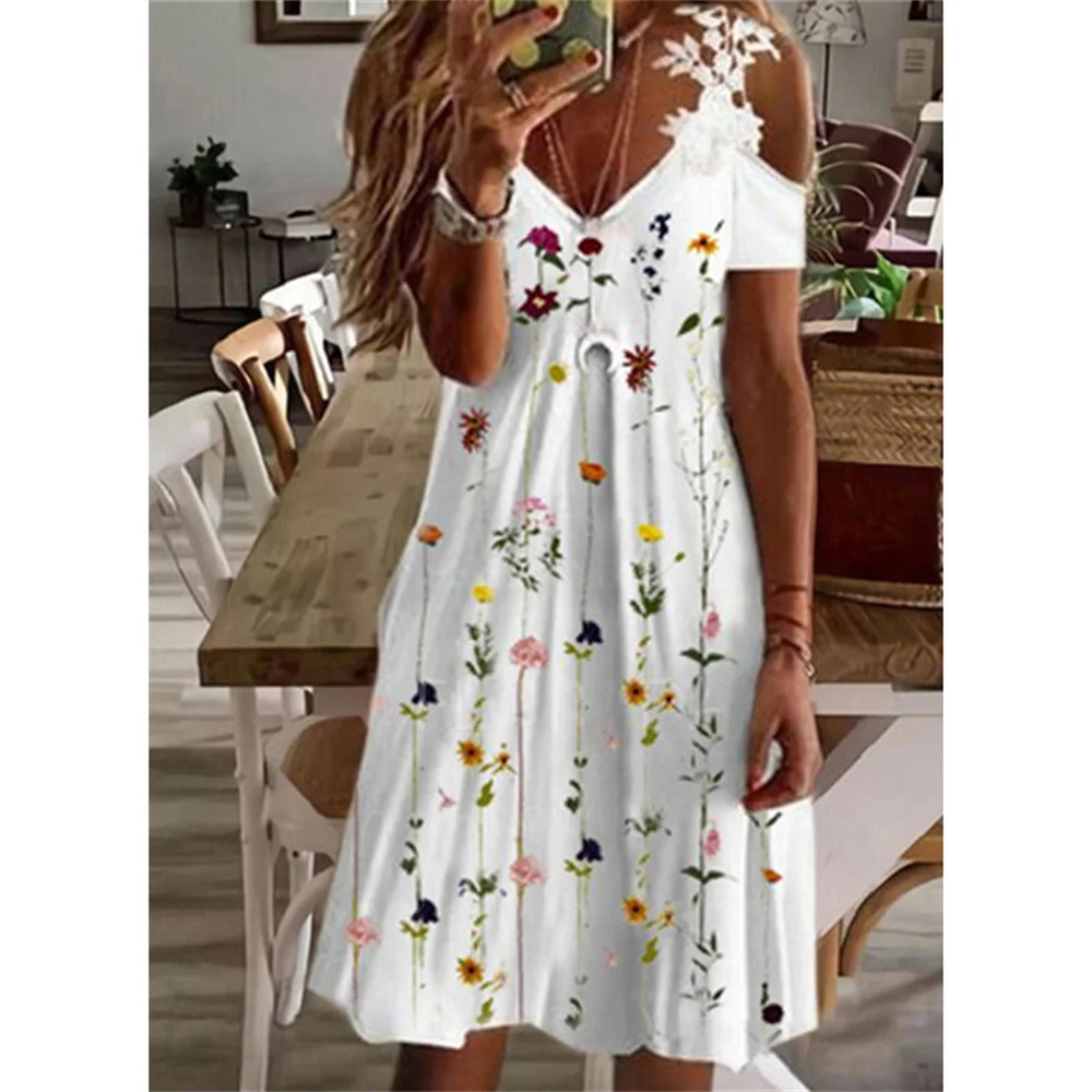 2022 Summer New Women Print Dress Off Shoulder Lace Short Sleeve Midi Skirt Cotton Blend A-Line Skirt Casual And Elegant Cloth dress shops