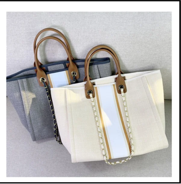 2024 New Small Fragrant Striped Canvas Beach Simple Large Capacity Shopping Tote Women's Bag_voghion.com