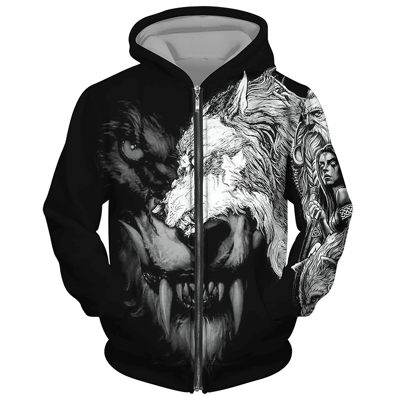 

New 3D Printing Wolf Head Fleece Cardigan Men's Cool Animal Casual Hoodie Fashion Warm Jackets Outdoor Sweatshirts Zipper Coat