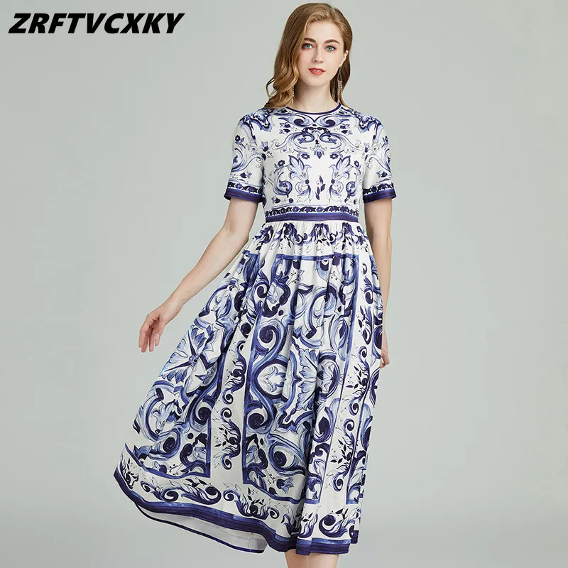 

Designer Women O-Neck Summer Dress 2023 Fashion Short Sleeve Blue And White Porcelain Print High Waist Midi Vacation Dress