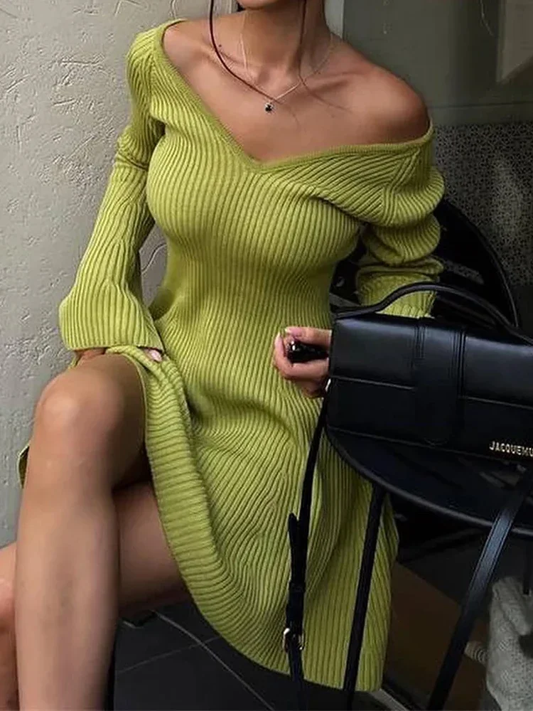 

Sexy Mini Dresses Women Elegant Off Shoulder White Knitted Dress Female Autumn Flare Sleeve V Neck Ruffles Slim Party Club Dress