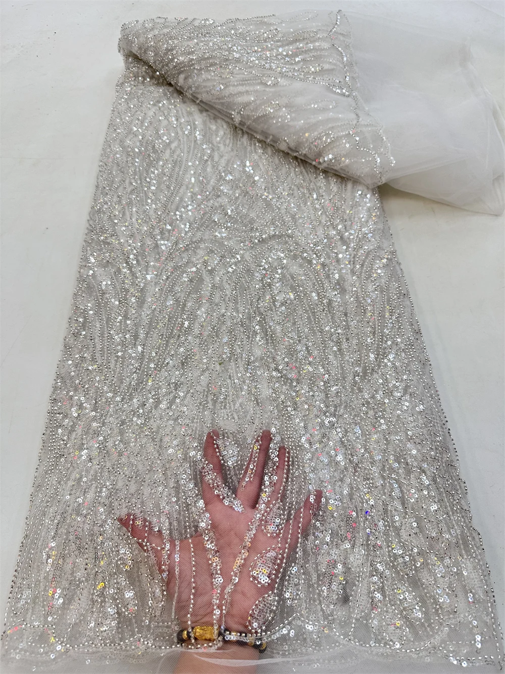 

African Sequins Beads Lace Fabric 2023 French Tulle Lace Fabric Beaded Embroidery Mesh Fabrics For Party Wedding Dress PL344-6