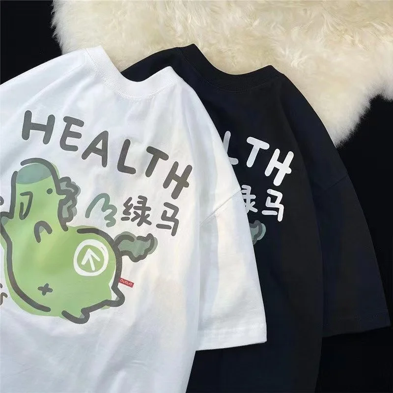 

Health Letter Cartoon Horse Women Unisex Cotton T Shirts Printing Fashion Tops Tee Black Harajuku Short Sleeve T-shirts Women
