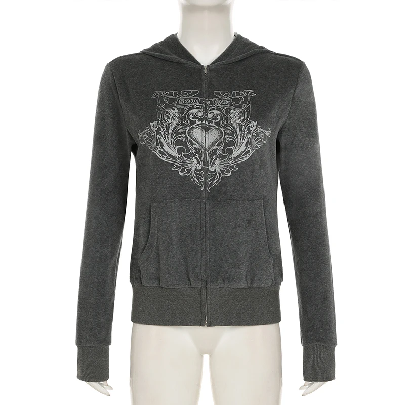 Description Picture 5 of itemDarlingaga Vintage Graphic Printed Velvet Pockets Jacket Winter Zip-Up Hooded Y2K Gothic Dark Women Coats Outwear Grunge Autumn