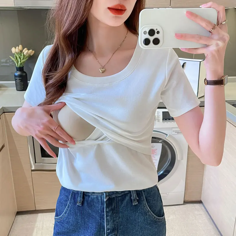 Maternity Nursing Tops Breastfeeding Solid Color Cotton T Shirts for Pregnant Women Summer Tees Short Sleeve Pregnancy T-shirts - 6