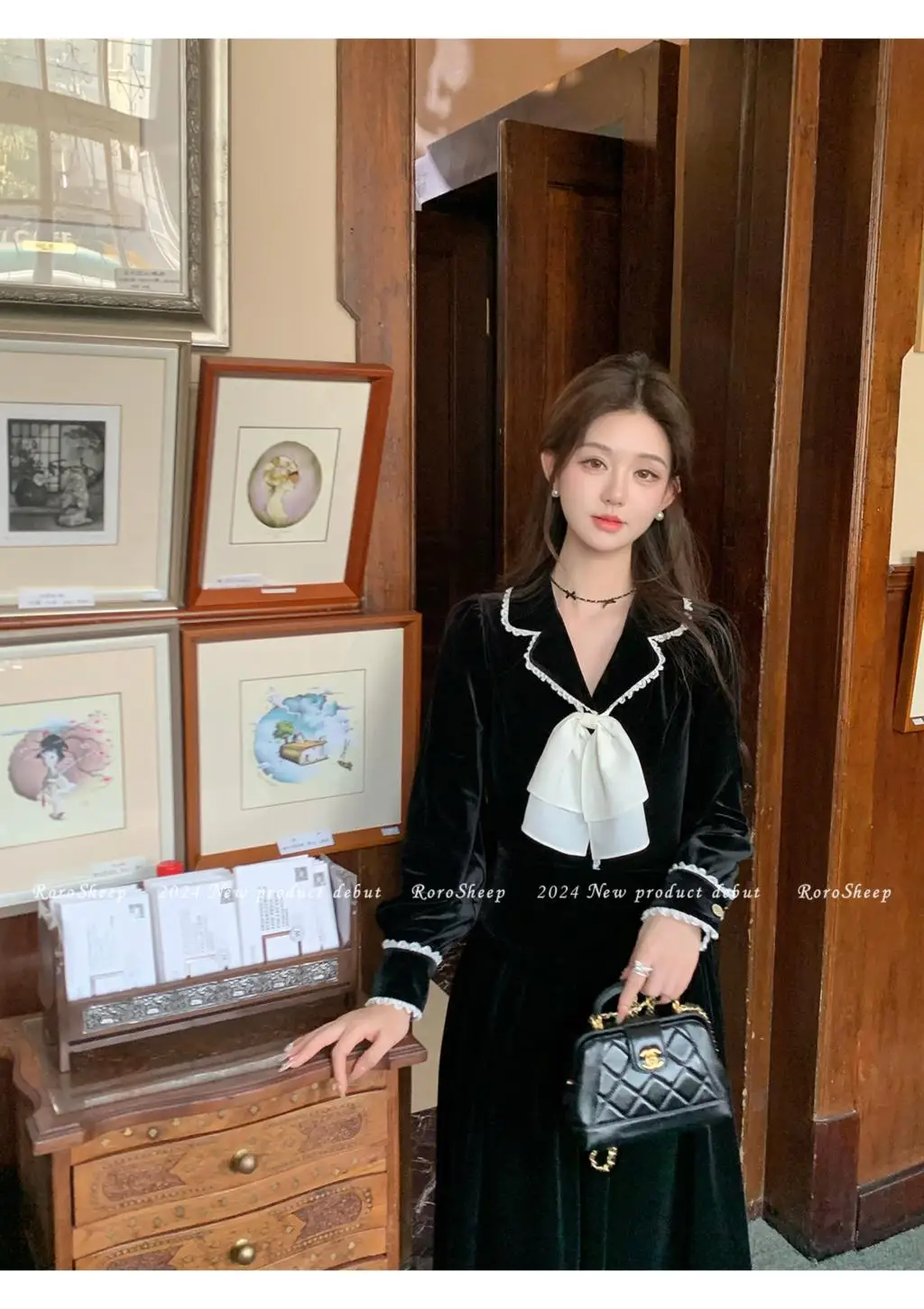 Elegant Vintage Lapel Midi Dresses for Women Bow Long Sleeve Birthday Party Dress A-line Autumn New Korean Fashion Vestido Mujer