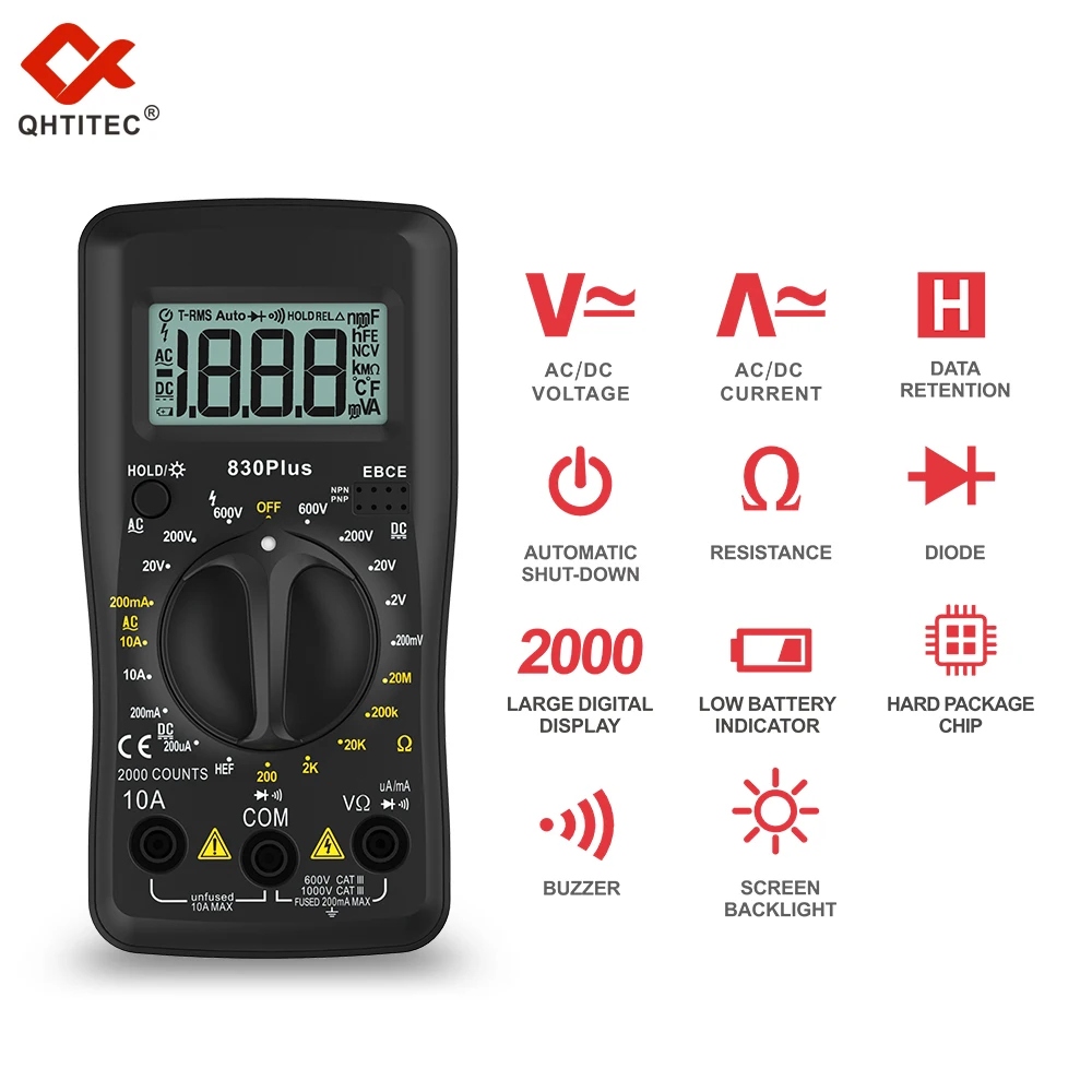 QHTITEC Digital Multimeter AC/DC Votage Current Automatic Tester 2000 Counts True RMS Ohm Ammeter Capacitance Meter 830Plus