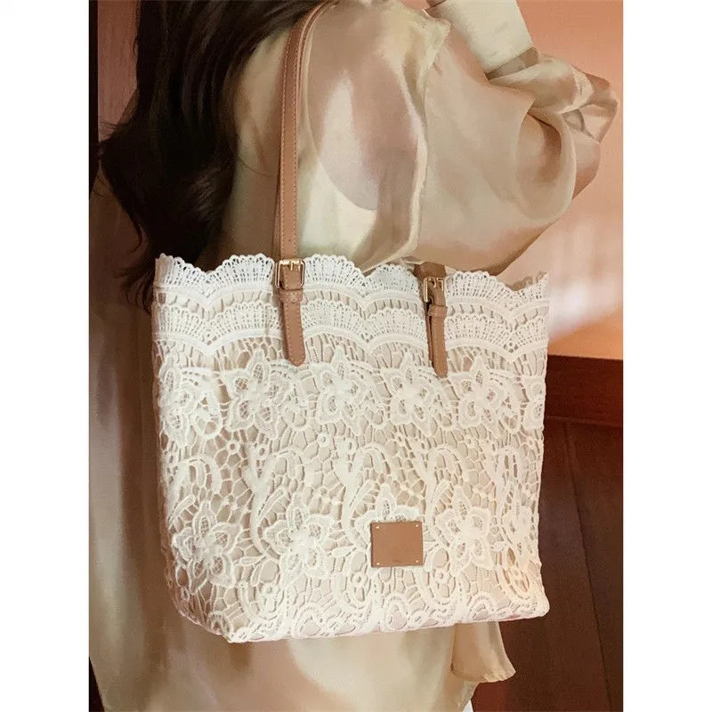 JIAERDI Fairycore Aesthetic Lace Shoulder Bags Women Retro Large Capacity Beige Handbag Wallet Gentle Vintage Underarm Bag 2025
