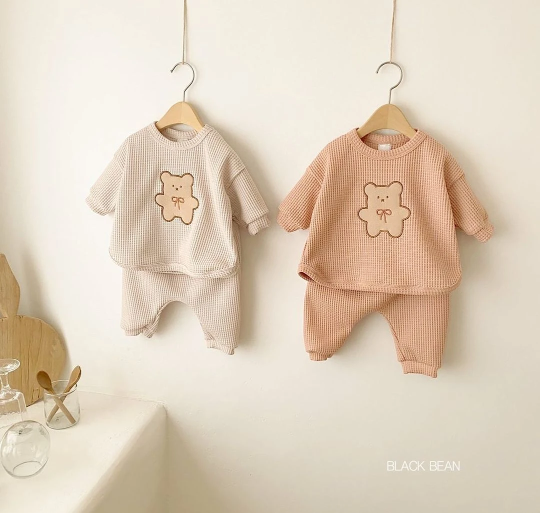 2022 New Children Casual Clothes Set Boys Girls Bear Sweatshirt + Pants 2pcs Suit Solid Color Cotton Kids Baby Outfits baby outfit matching set