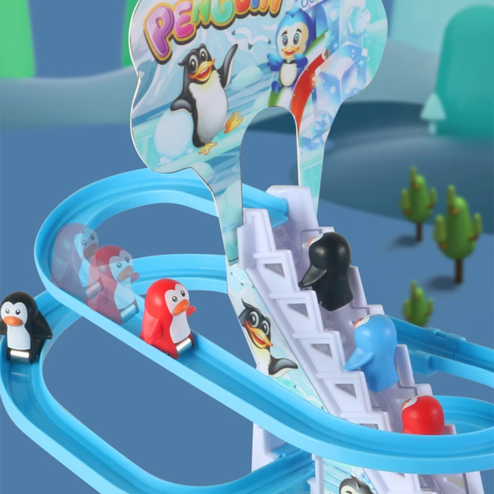 동물 계단 오르기 장난감 전기 트랙 슬라이드 장난감 조립 디자인 조기 교육 어린이를위한 작은 펭귄 등반 장난감 어린이