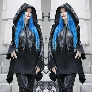New Women Spring Autumn Gothic Hoodie Black Steampunk Printed Long Flare Sleeve Coat 2023 Y2k Sweatshirts For Female Streetwear