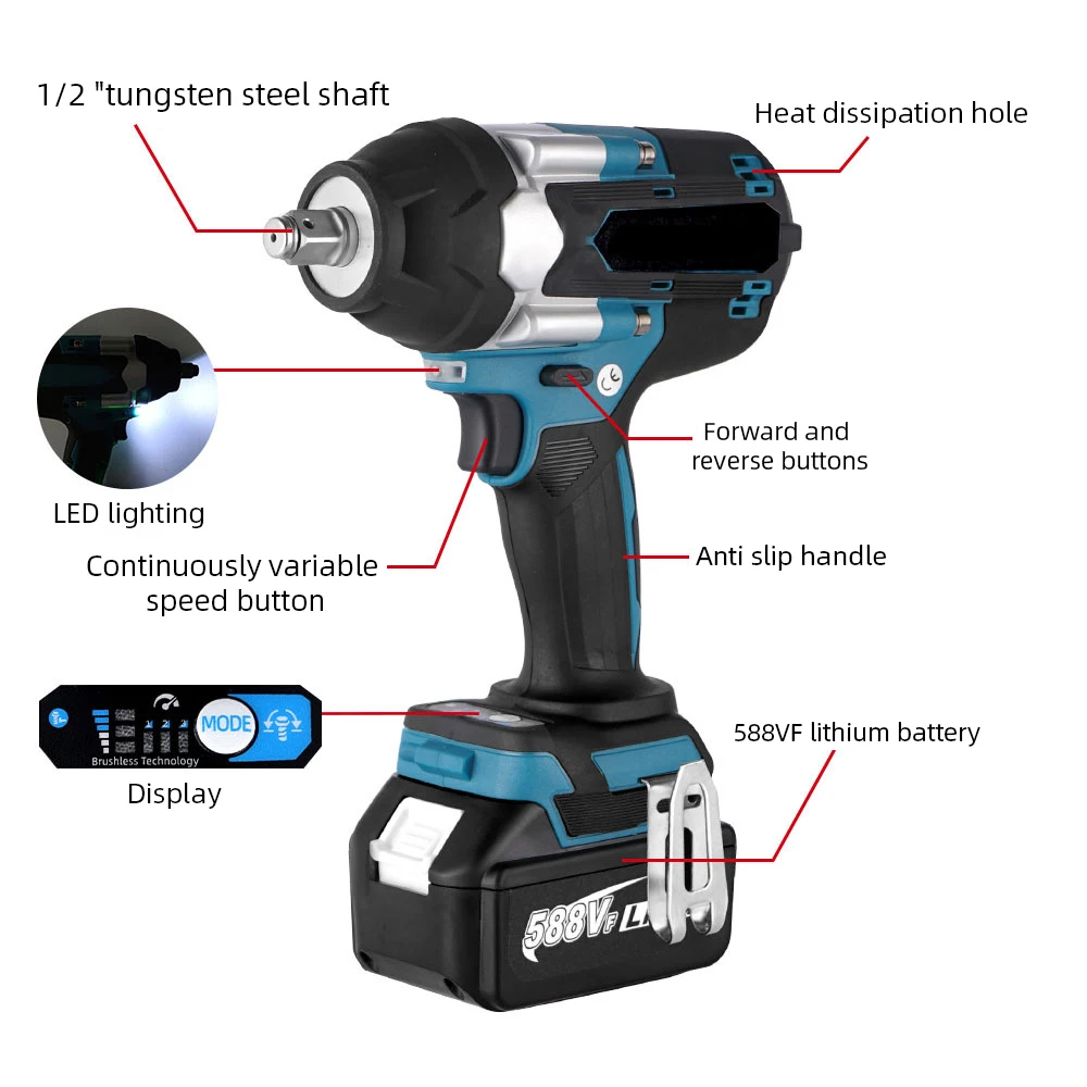 브러시리스 전기 임팩트 렌치, 1/2 인치 리튬 이온 배터리, 무선 임팩트 렌치, 전동 공구, Makita 18V 배터리용, 1800 N.M