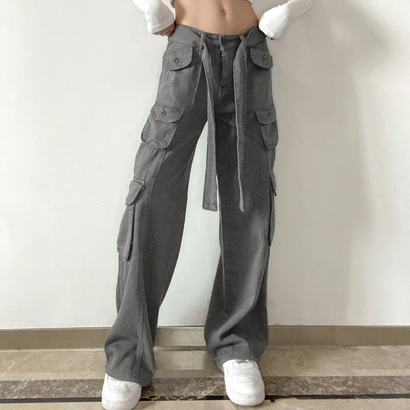 adidas pants Casual Cargo Pants Low Waist Vintage Grey Loose Streetwear Baggy Jeans Women Oversized High Street Sexy Y2K Straight Trousers linen pants