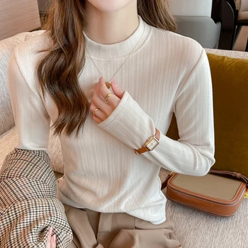 Elegant Mock Neck Ribbed Knit Top Women Autumn Winter Slim Long Sleeve T-Shirt Woman Korean Style Basic Solid Bottoming Shirt
