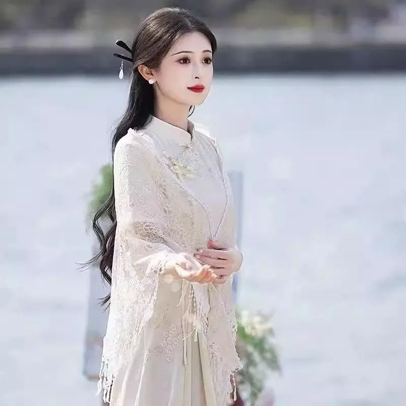 ww27 흰색 숄과 태슬 장식이 있는 치파오, 고대 요정의 에너지, 새로운 중국식 케이프