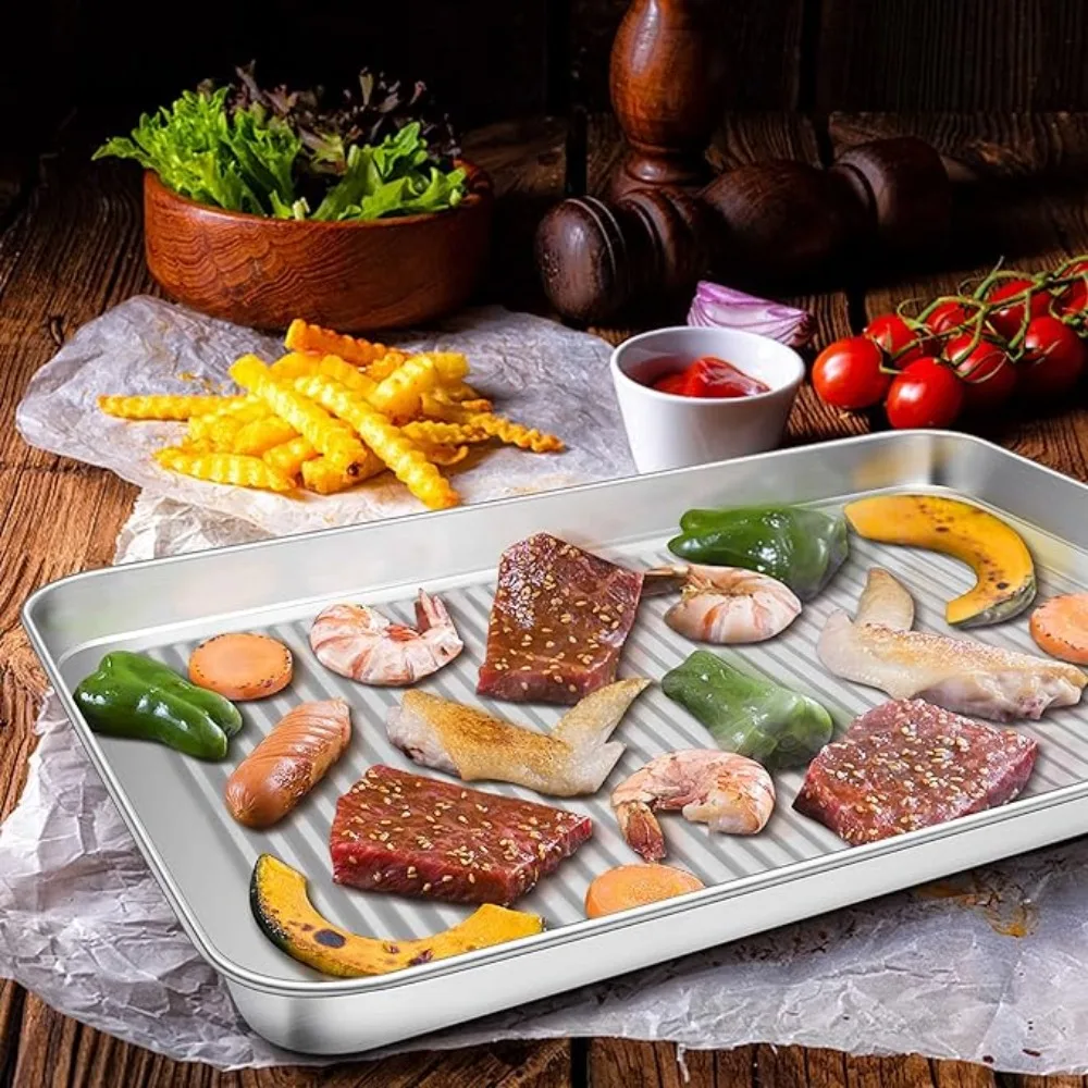 Backblech aus Edelstahl, gewellter Boden, antihaftbeschichtet, für Grill, Pizza, Brot, Backblech, ungiftig, spülmaschinenfest, Küchenablage – Detail 2