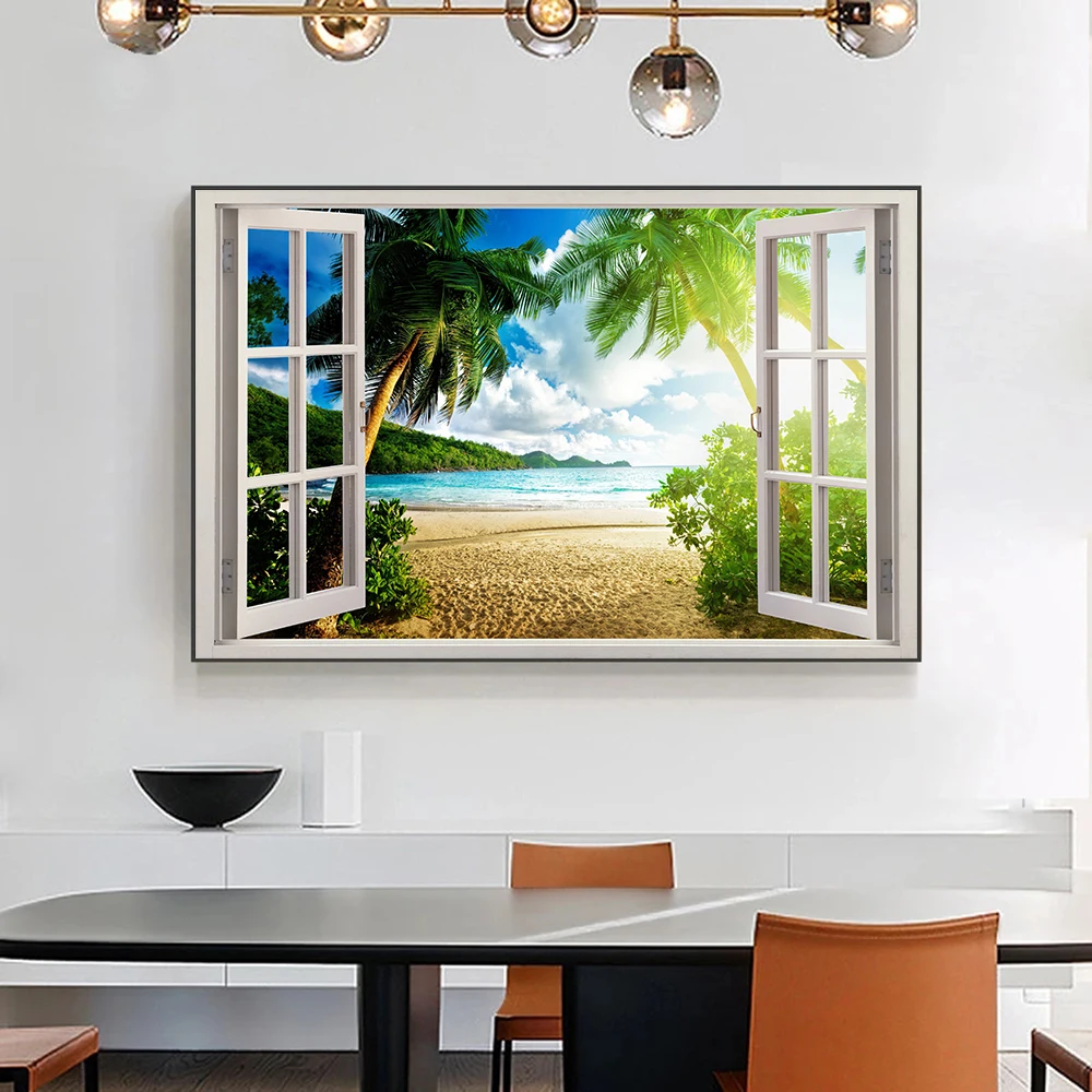 

Window Ocean Beach Landscape 3D Effect Wall Art Canvas Painting Seascape Posters and Prints Wall Pictures Living Room Home Decor