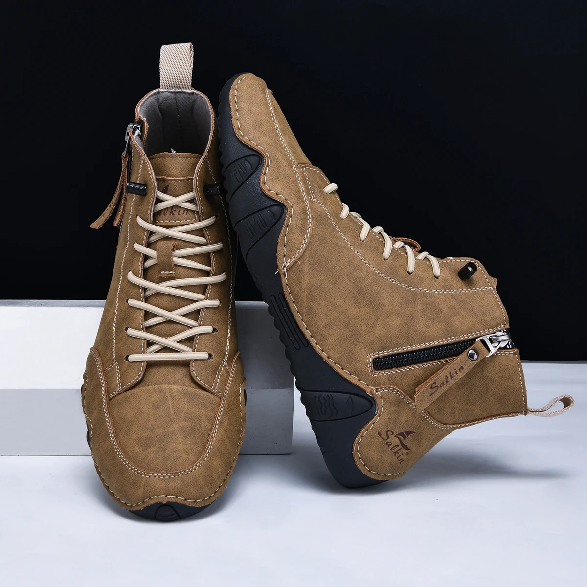 Handgenähte Vintage-Stiefel für Herren, modische einfarbige High-Top-Freizeitschuhe mit seitlichem Reißverschluss, Alltagskleidung für Frühling und Herbst, nackte Stiefel, Outdoor-Wandersneaker – Detail 3