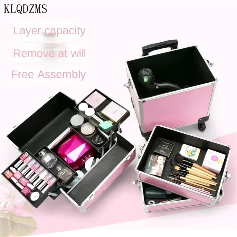 KLQDZMS High-quality Cosmetic Case Beauty Nail Professional Tool Box Aluminum Frame Trolley Case Women's Roller Makeup Box