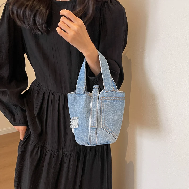 Vintage Denim Women's Bag 2023 New Jeans Bucket Bag Canvas Top Handle Bag Y2K Eco Bag Korean Shopper Female Tote Handbag Design