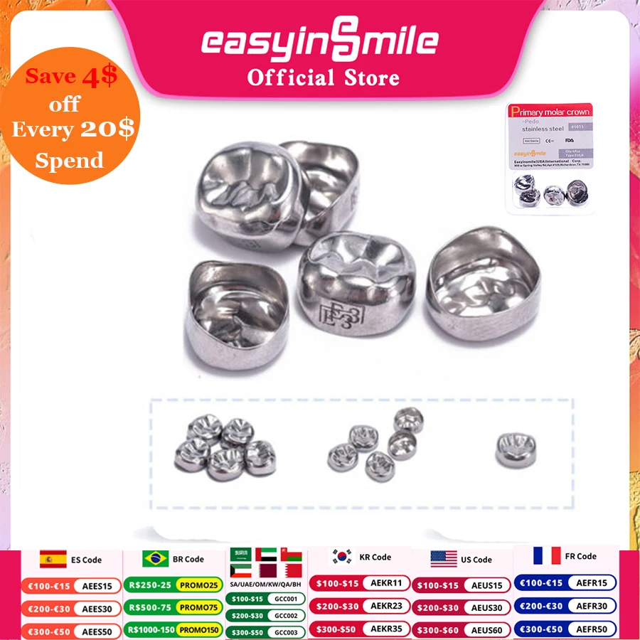 

5PCS EASYINSMILE Dental Crown Kids Primary Molar Refill Stainless Steel Crowns for Upper/Lower Left/Right 1st/2nd MolarTeeth