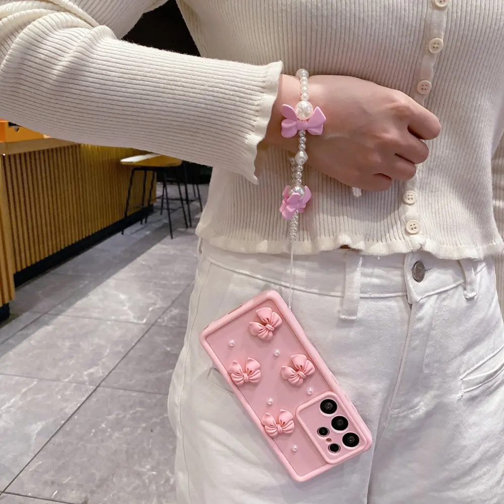 3D Pearl Pink Bow Lanyard Phone Case with Bracelet Wrist Strap - Stylish Soft Cover