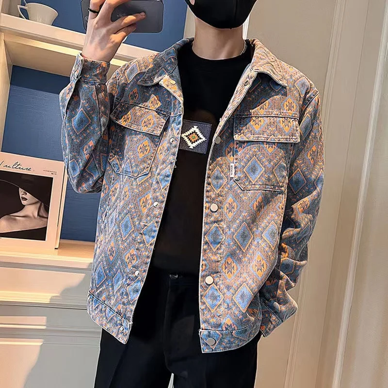 New Ethnic Style Men Streetwear Denim Shirt Jacket Vintage Harajuku  Jacquard Long Sleeve Casual Male Jeans Shirt Coats