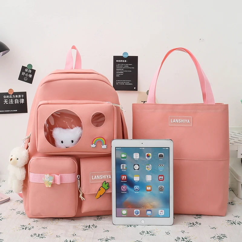 5 Pcs Set Kawaii Backpack For Student School Bags For Teenager Girls Schoolbag Book Bags Pencil Case Women Travel Backpack Tote