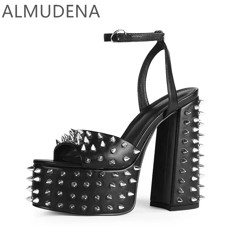 

Women Rivet Platform Super High Thick Square Heels Sandals Round Toe Buckle Strap Solid Bling Cloth Mature Fashion Adults Shoes