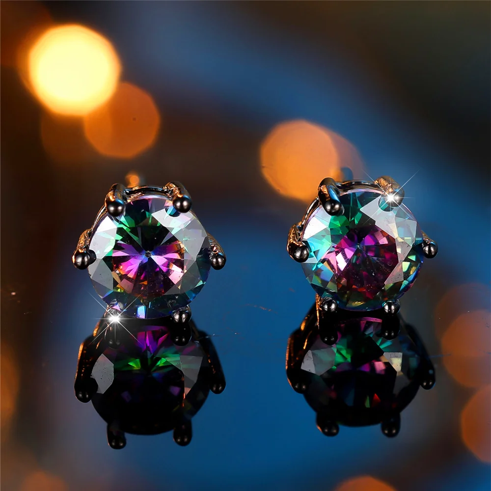 Cute Female Crystal Rainbow Zircon Stone Round Stud Earrings Black Gold Color Wedding Jewelry For Women