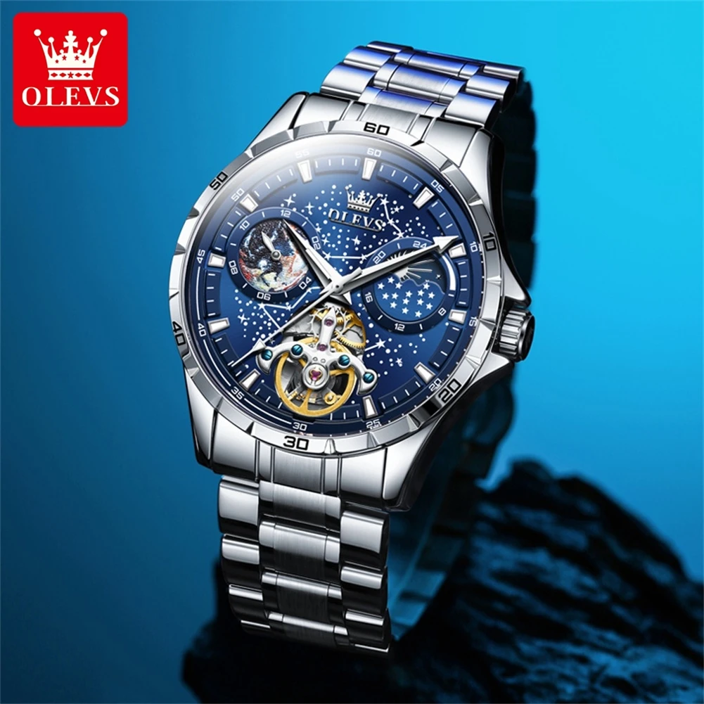 OLEVS originální značka plně automatický mechanická muži hodinky hvězdnou nebe ciferník vodotěsný světelný nerez ocel řemen luna fáze