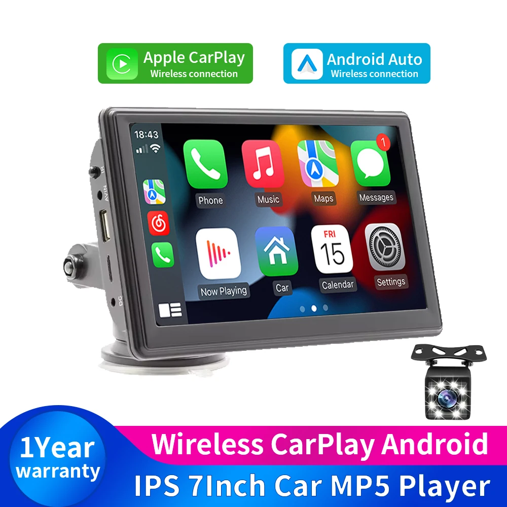 docooler Draagbare MP5-speler voor de auto met 7 inch HD-scherm, ondersteunt Android Auto, MirrorLink, AHD-achteruitrijcamera, smartcar- entertainmentsysteem, FM-zender, handsfree bellen
