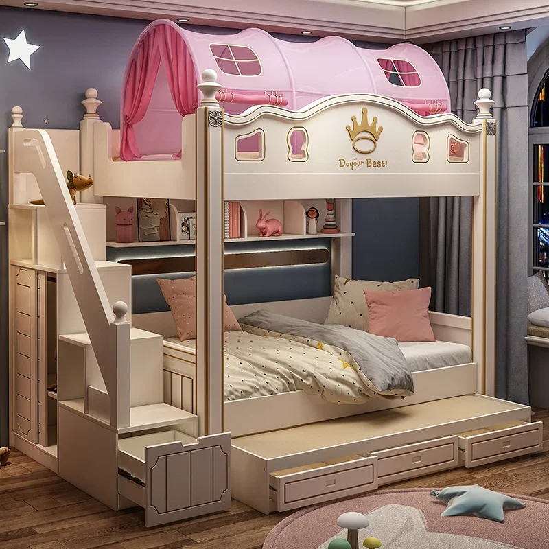 

Upper and lower bunk beds, two bunchildrens beds, girlsprincess, solid wood high and low beds, wooden beds