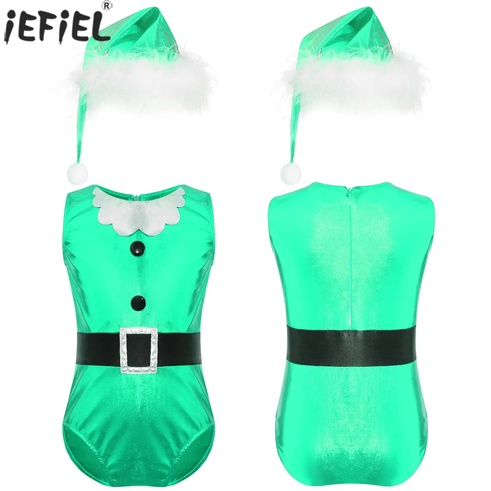 

Kids Girls Elf Christmas Santa Claus Costume Sleeveless Skating Dance Leotard Xmas Party Cosplay Performance Jumpsuit with Hat