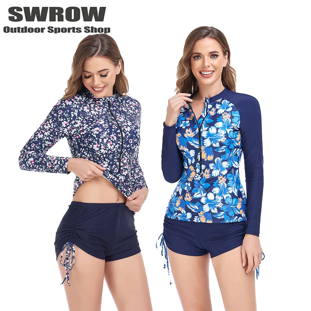 

2023 New Women's Fashion Printed Split Swimwear Long Sleeve Sun Protection Surfing Suit Elastic Swimming Diving Beach Swimwear