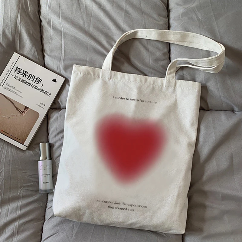 

New Fashion Trend Sweet Girly Love Canvas Shoulder Bag Shopping Bag Eco-friendly Reusable Ladies Kawaii Aesthetic Tote Bag.