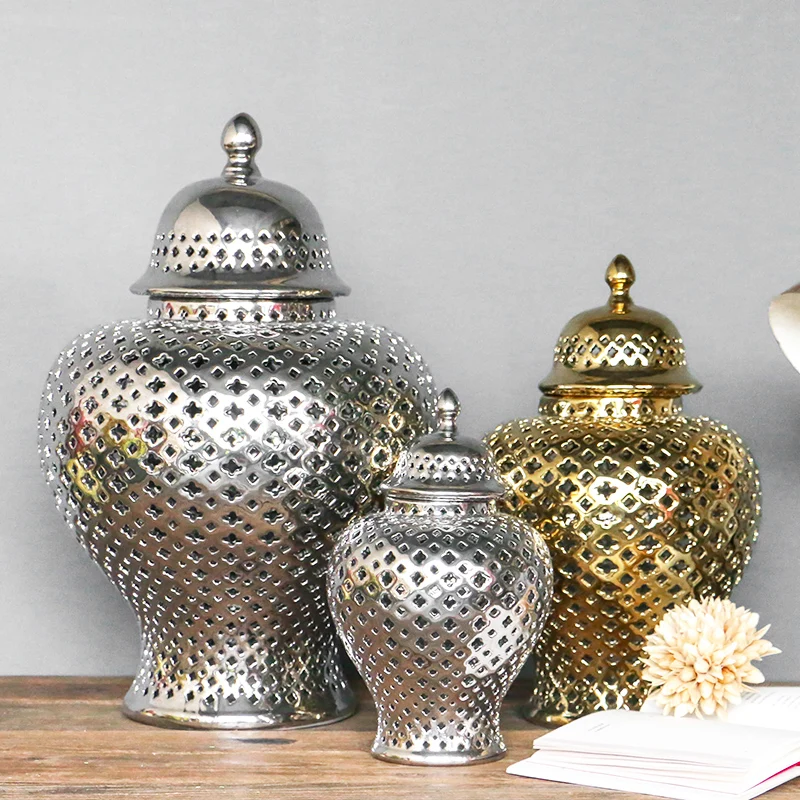 Vintage Ceramics Hollow Out General Jar Candy Jar Storage Tank Gold Silver Art Decorative ginger Vase Home Room Decoration