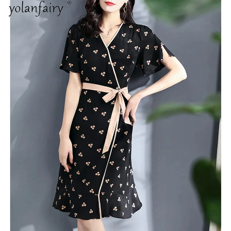 

100% Silk Summer Dresses for Women 2024 Floral Midi Female Elegant Korean Fashion Woman Vestido De Mujer Pph5112