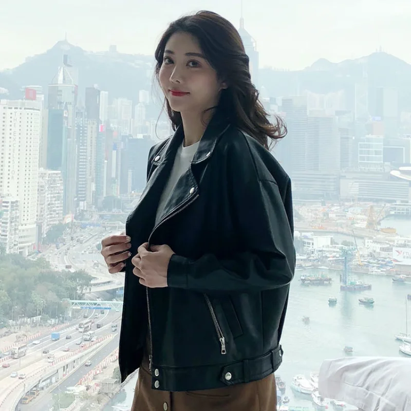 PU Moto Biker Jacket Women Loose Fit Faux Leather Coat