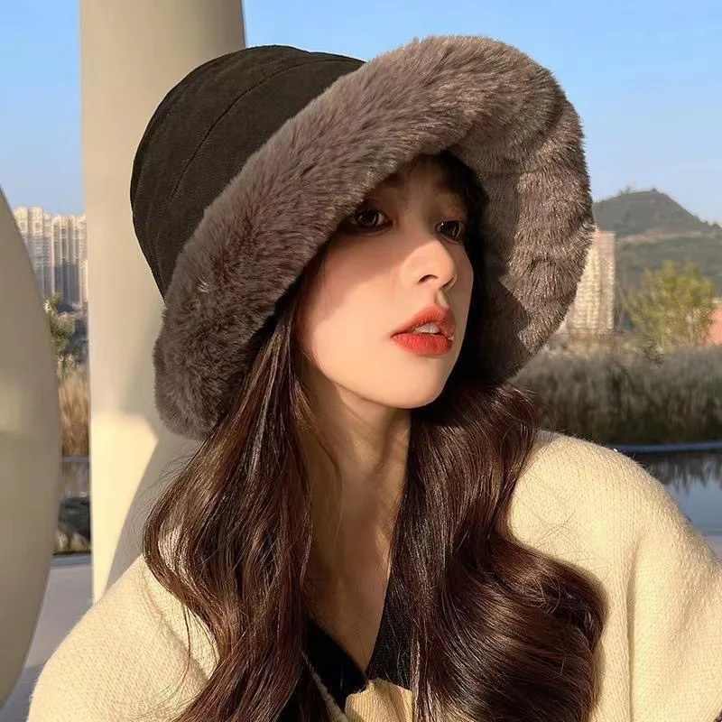 women bucket hat women winter furry bucket hat rolled brim faux fur cloche hat fleece lining autumn and winter windproof warm