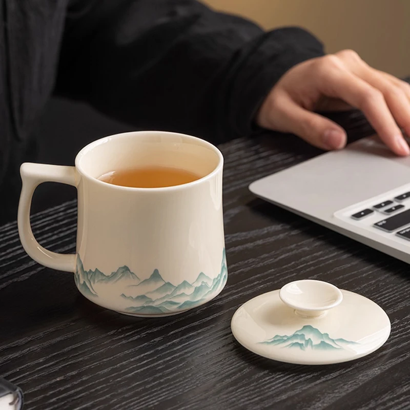 Chinese Style Ceramic With Cover White Porcelain Personal Tea Mugs, Personal Creative Pattern, Milk Water Coffee Cup, 370ml, 1Pc