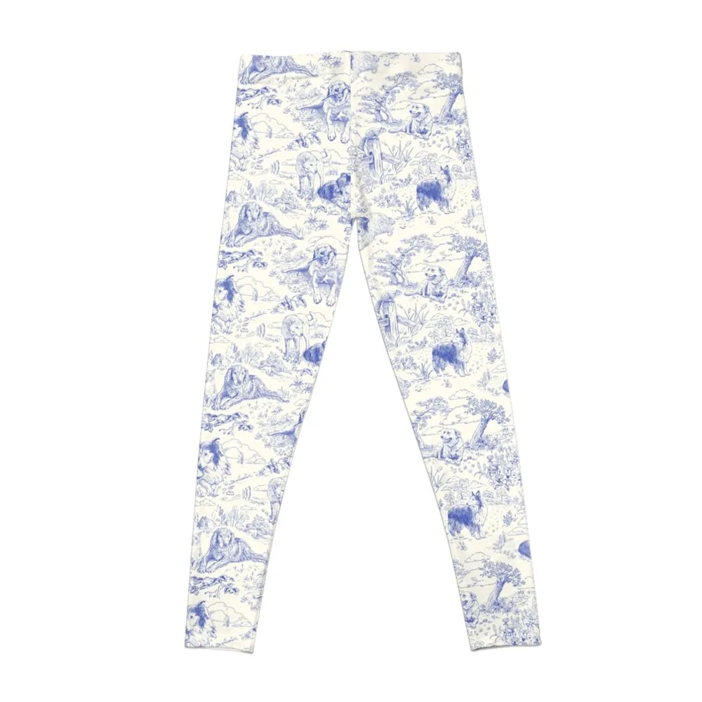 Country Dogs Toile with Collie, Aussie and Jack Russell Terrier in Blue and White Leggings gym sportswear woman Womens Leggings