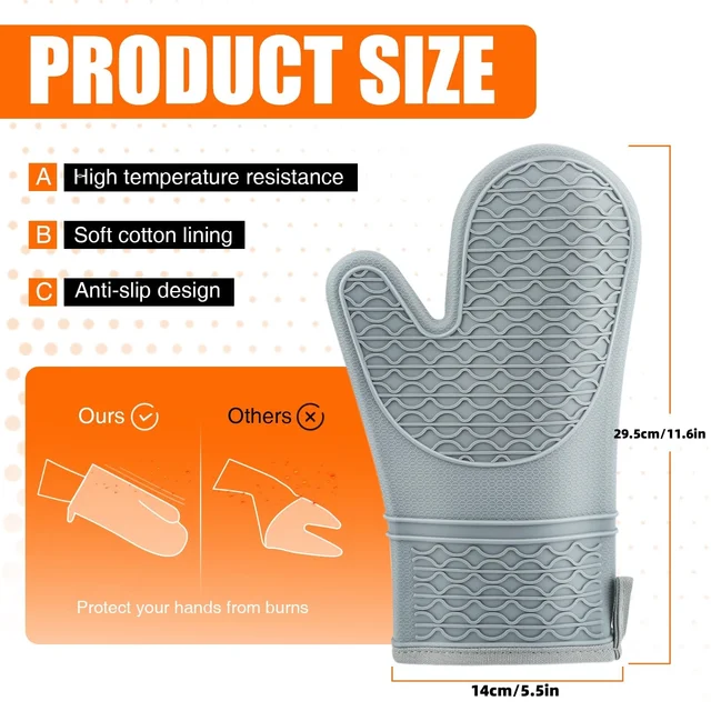 Silicone Oven Mitts, Heat Resistant 2 PCS Oven Mitts with Soft Cotton Lining, Non-Slip Grip Oven Glove, Kitchen Potholder BBQ 2