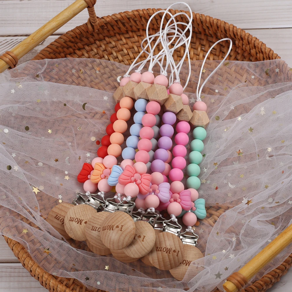 Baby Round Wood Dummy Holder Clip Silicone Cartoon Bow Bead Pacifier Chain For Care Teether Chew Toy Baby Pacifier Soother Chain 4