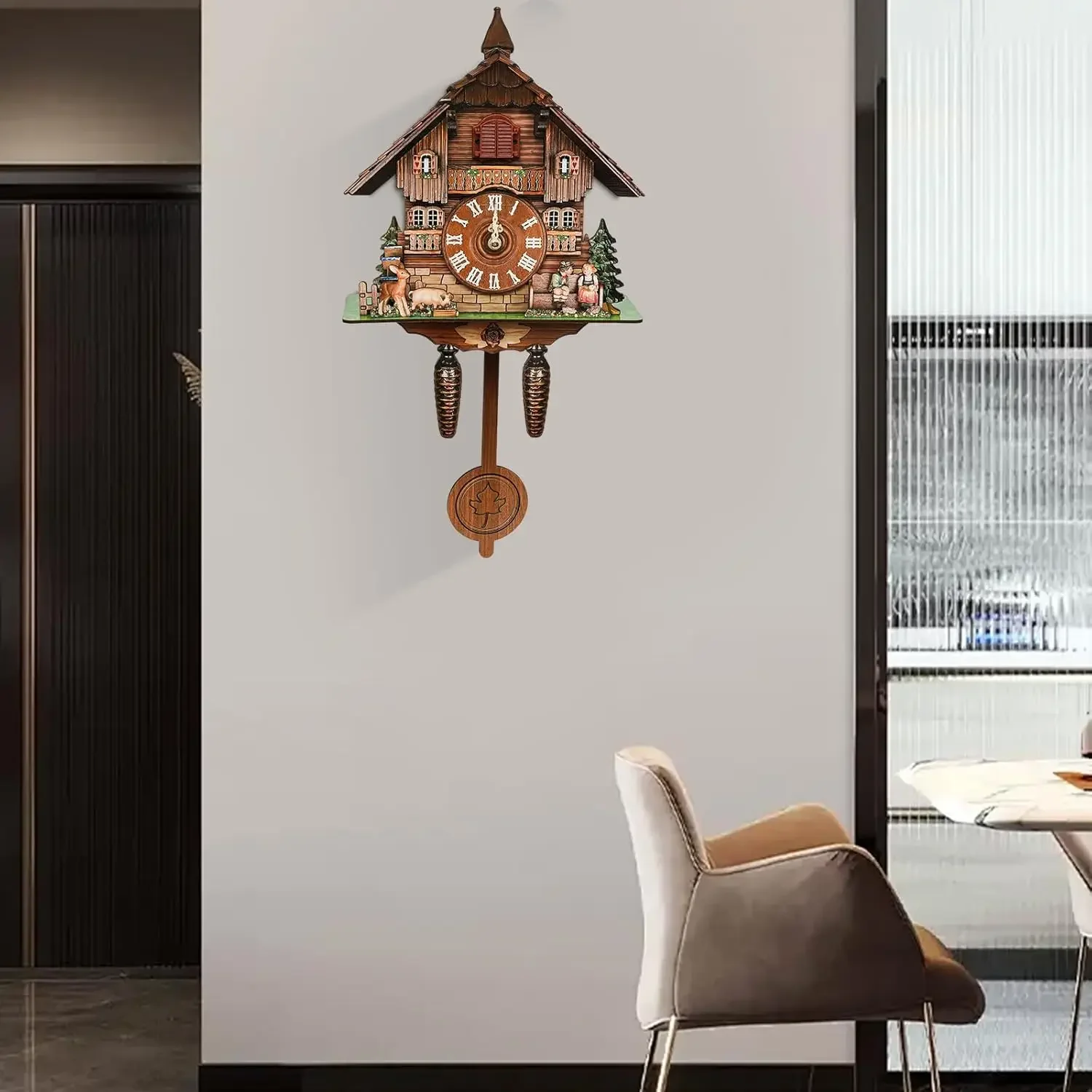 Antike Kuckucksuhr aus Holz, traditionelle Schwarzwalduhr, Wanduhren mit automatischem Schaukelpendel für Wohnzimmer, Zuhause und Büro – Detail 2